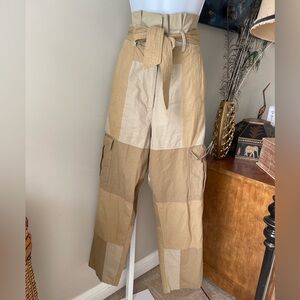Mes Demoiselles Two-Tone Beige Patchwork Wide-Leg Cargo Pants